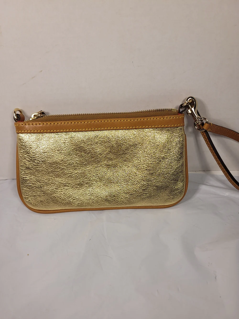 Dooney & Bourke Metallic Gold Leather Wristlet with Tan Trim